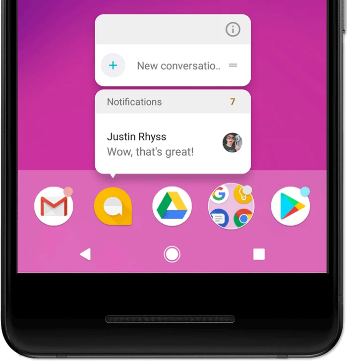 Auto-generated description: A smartphone screen displays messaging notifications and various app icons on a pink background.