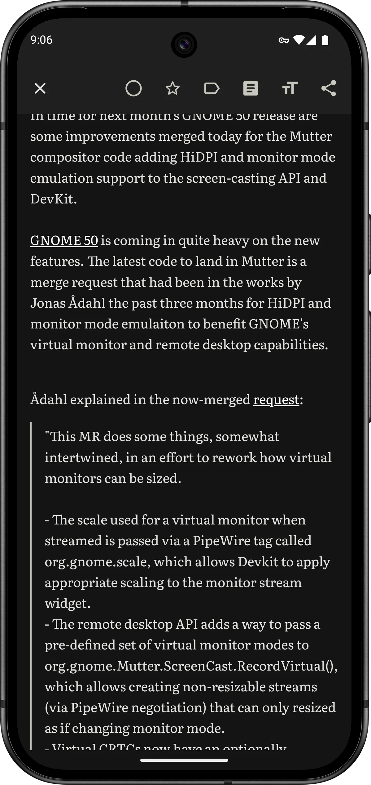 Auto-generated description: A smartphone screen displays an article discussing upcoming features in GNOME 50, focusing on virtual monitor and remote desktop capabilities.