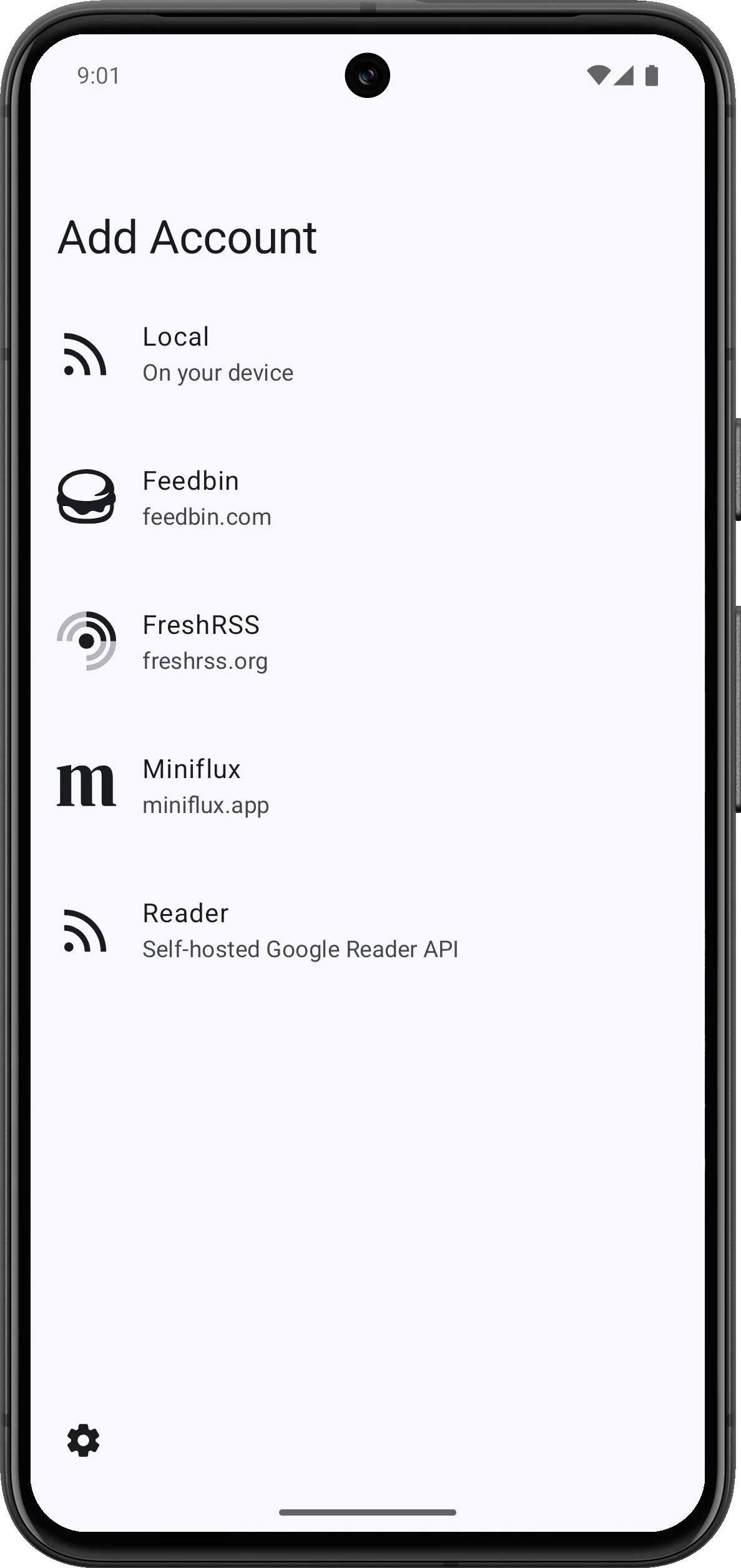 Auto-generated description: A smartphone screen displays an Add Account menu with options to connect to RSS services like Local, Feedbin, FreshRSS, Miniflux, and Reader.