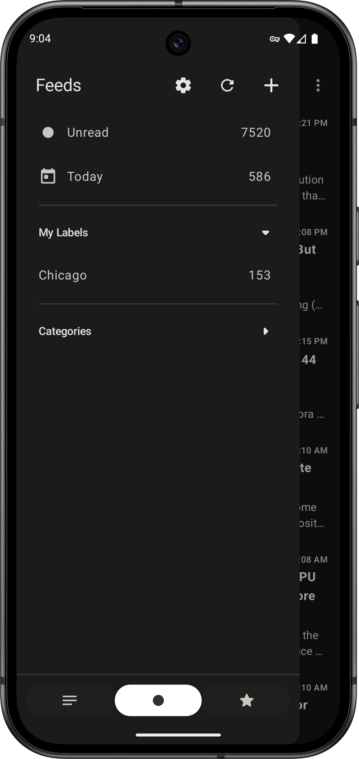 Auto-generated description: A smartphone screen displays an RSS feed app interface with sections for unread articles, categories, and labeled feeds.