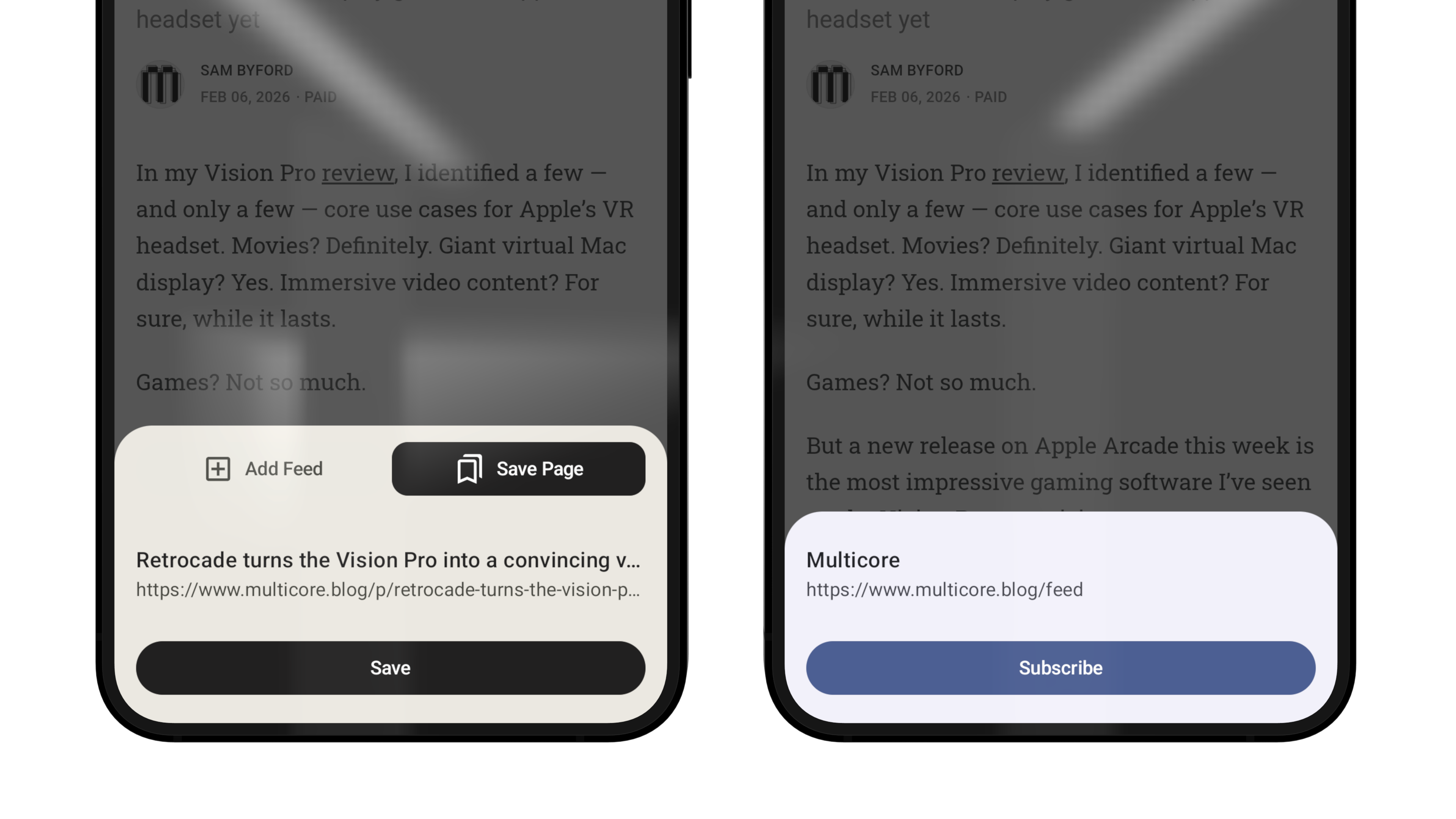 Auto-generated description: Two smartphone screens showing different app interfaces with options for saving or subscribing to pages.